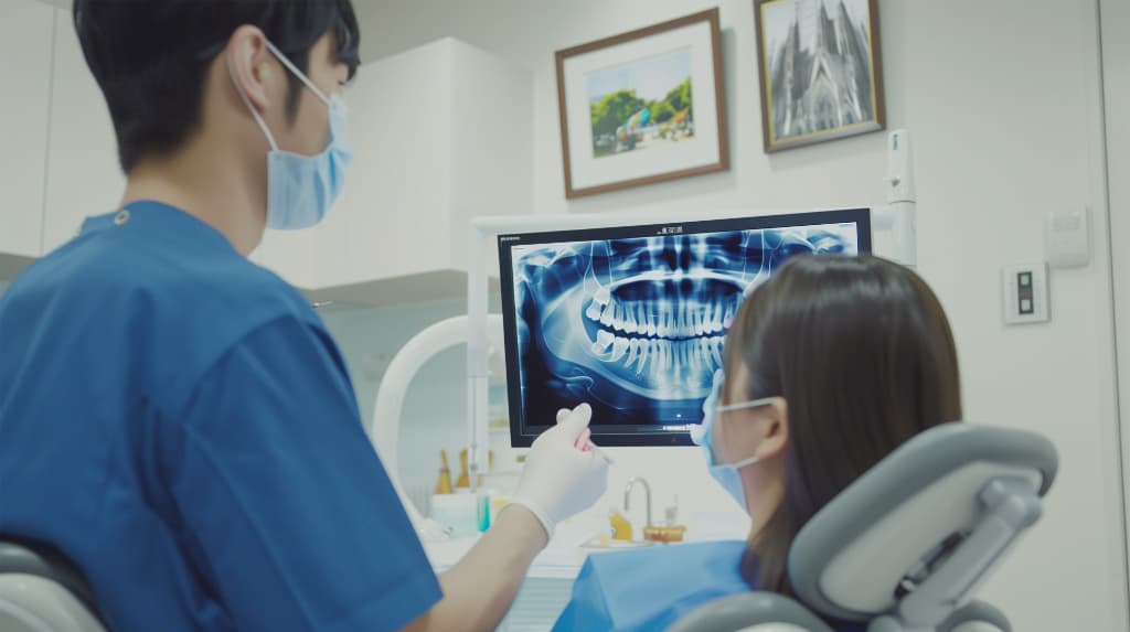 インプラント治療後に痛みが続き歯科医師に相談する女性