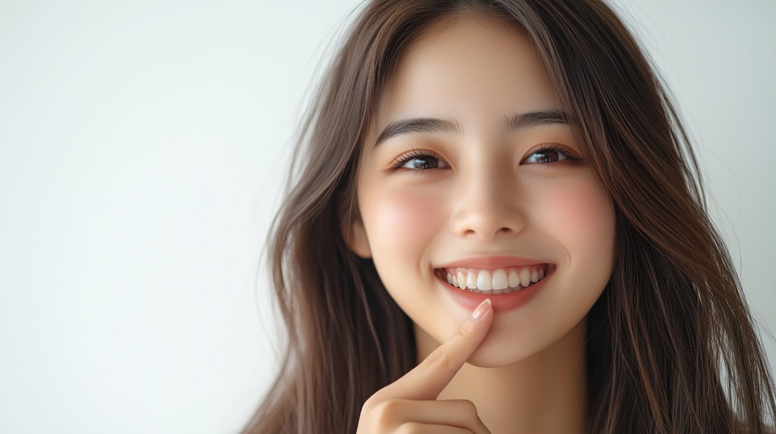 インプラントの歯を指さして笑顔を見せる女性