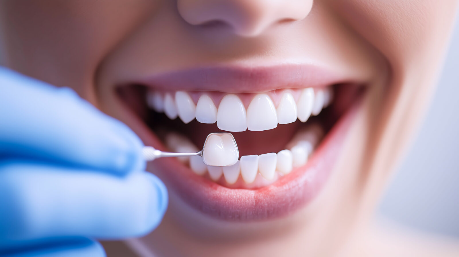 セラミックの歯と女性の歯を並べている
