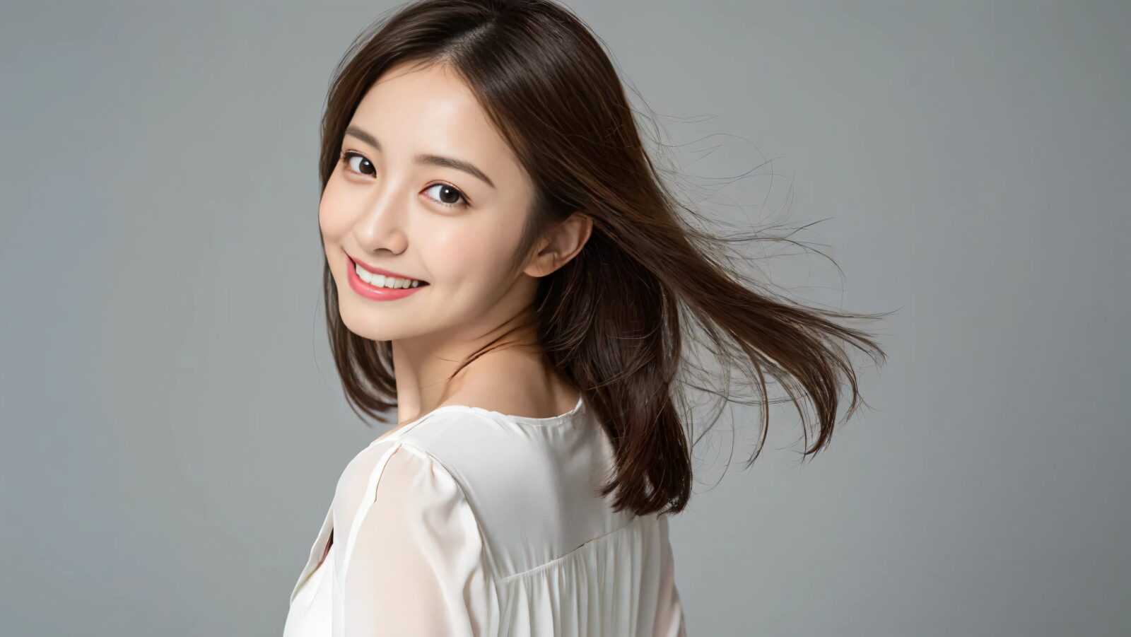 オフィスホワイトニングを受けた美しい白い歯で微笑む女性