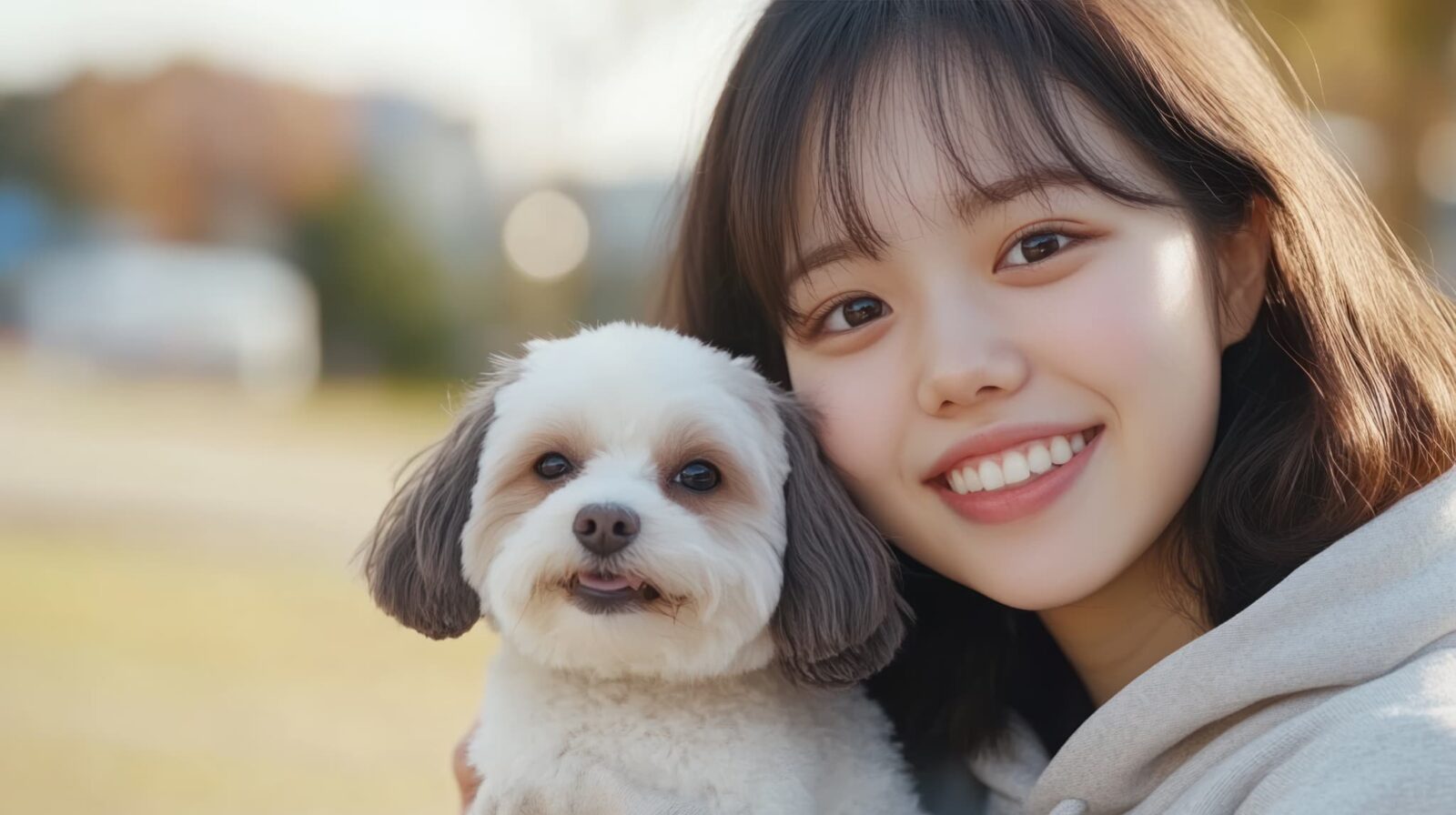 愛犬を笑顔で抱いているワイヤー矯正で整った歯ならびになった女性