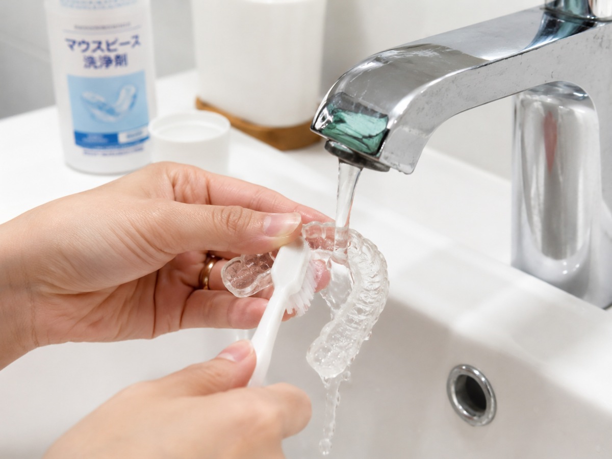 マウスピースを流水で洗うイメージ