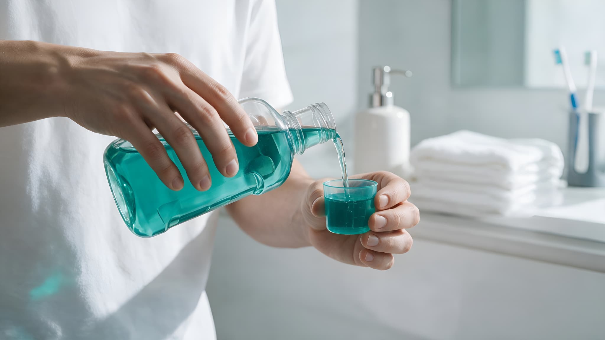 洗口液を使用して口臭予防に努める様子