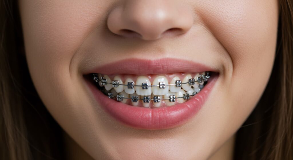 ワイヤー矯正装置を装着している女性の口