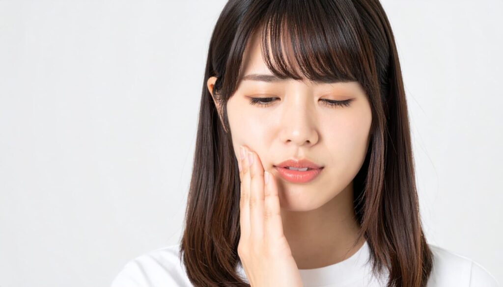 矯正中に痛みを感じて頬を抑える女性